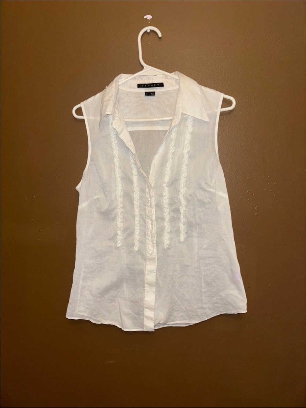 Theory White Sleeveless Lace-Trim Button-Down Shirt